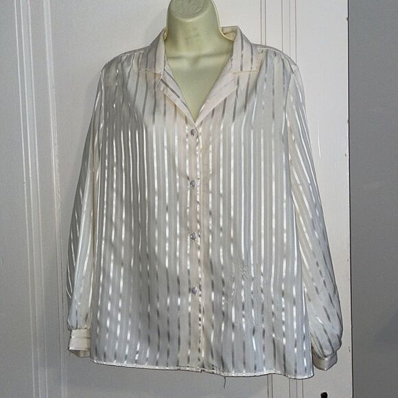 Vtg 70s Sears (The Fashion Place) cream colored striped polyester blouse - Picture 1 of 9